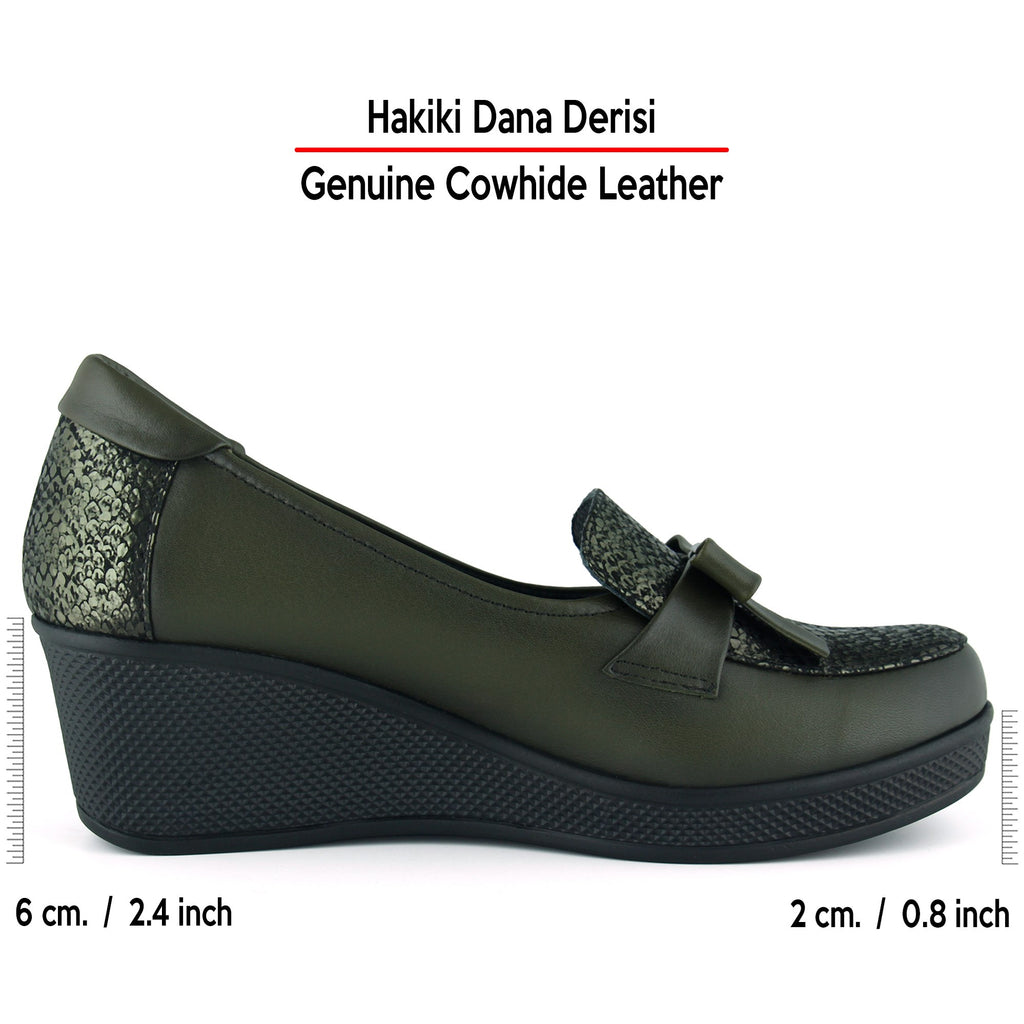 Emma Haki Yılan Hakiki Dana Derisi Fiyonklu Yuvarlak Burun Dolgu Topuklu Günlük Ayakkabı