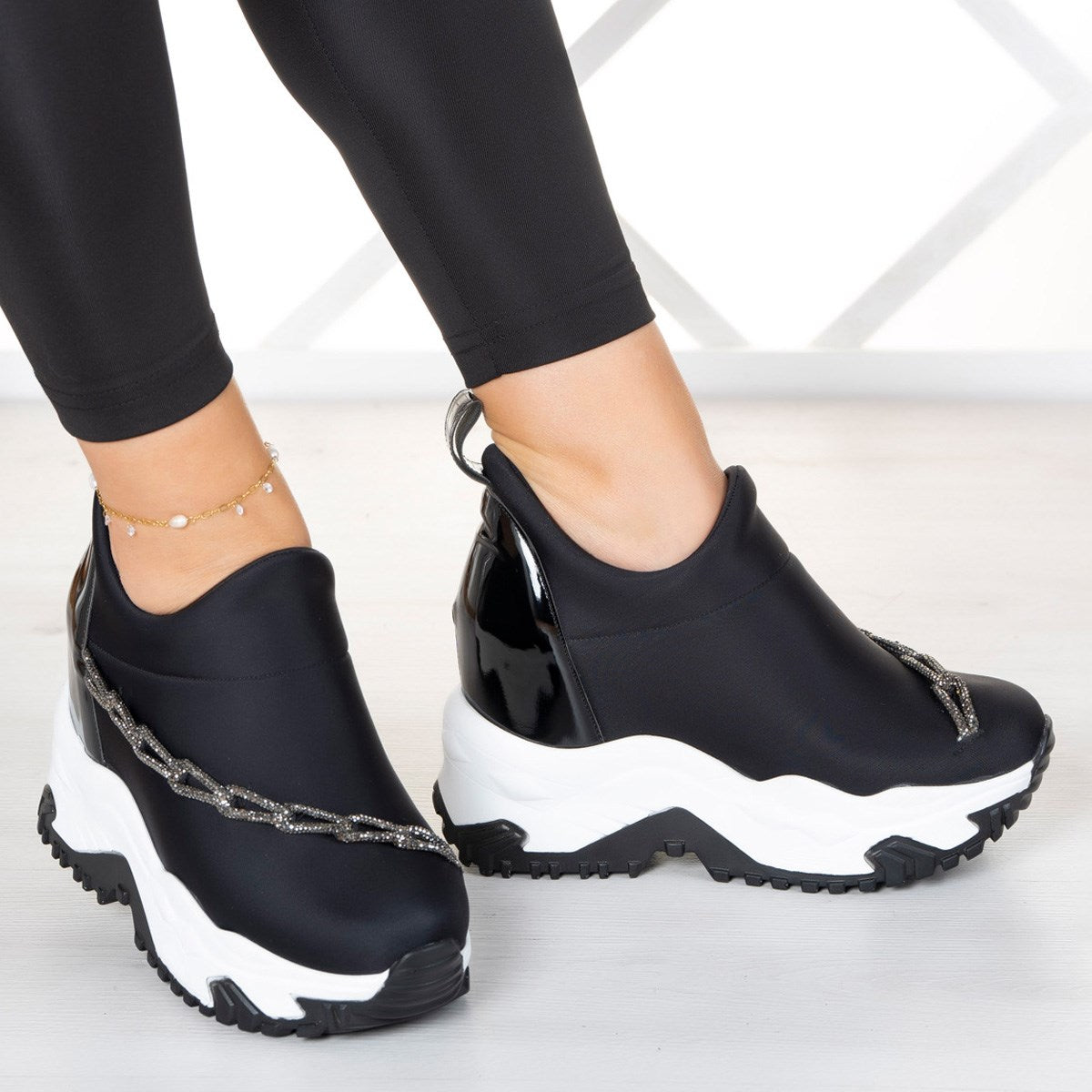 Maggie Siyah Streç Gümüş Zincirli Gizli Dolgu Günlük Ayakkabı