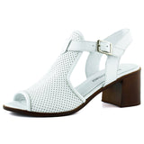 Elena Beyaz Hakiki Dana Derisi Önü Arkası Açık Delik Detaylı Kalın Topuklu Rahat Günlük Sandalet