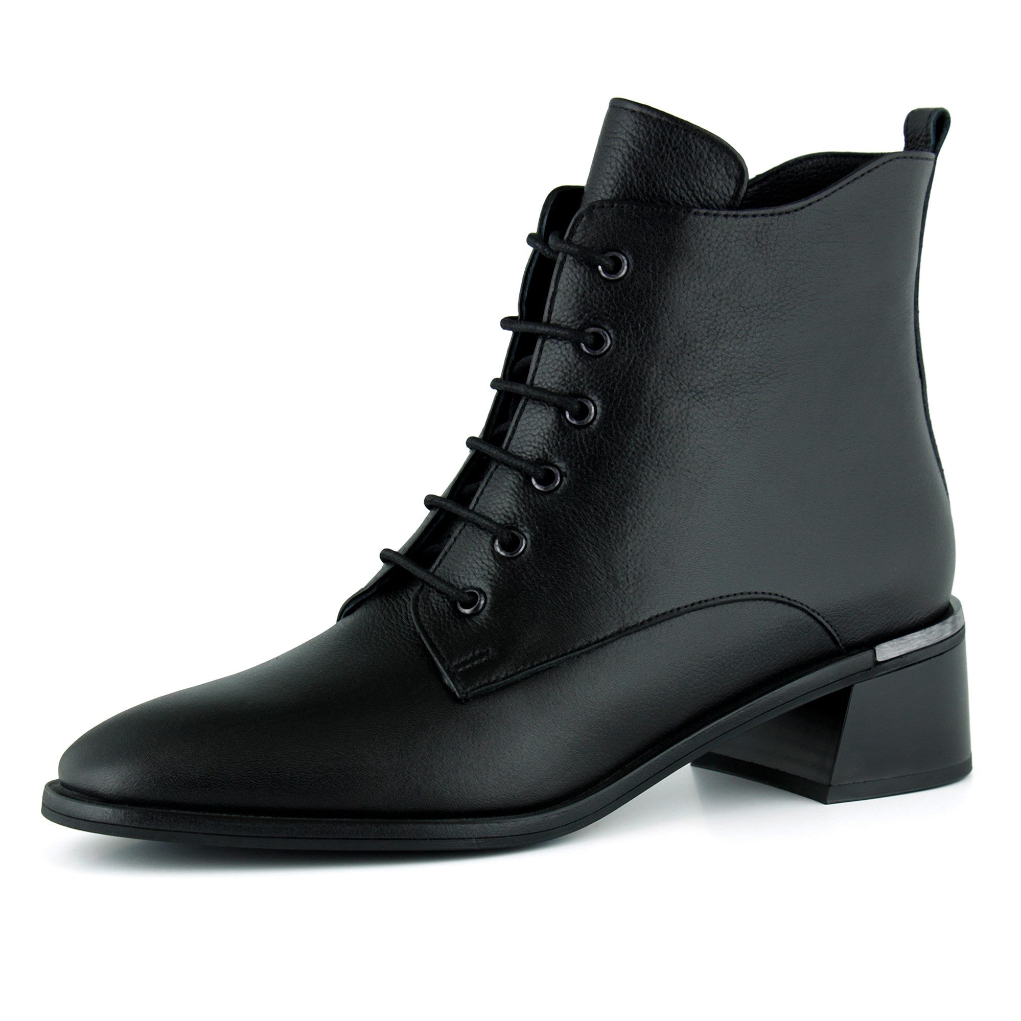 [MAX 505] Siyah Hakiki Dana Derisi Bağcıklı Fermuarlı Yuvarlak Burun Kalın Topuklu Günlük Bot