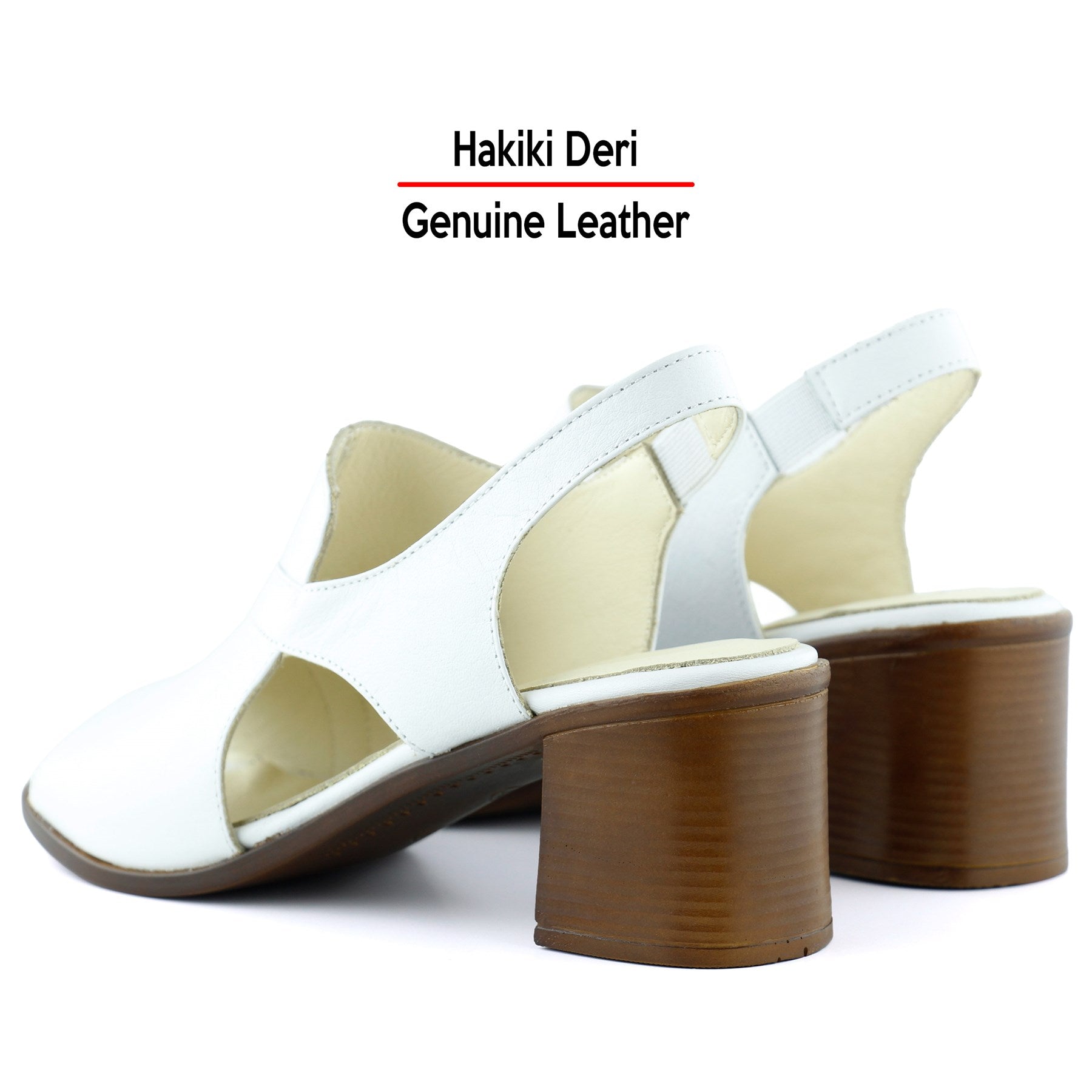 Saules Beyaz Hakiki Deri Kesik Detaylı Lastik Bantlı Topuklu Sandalet