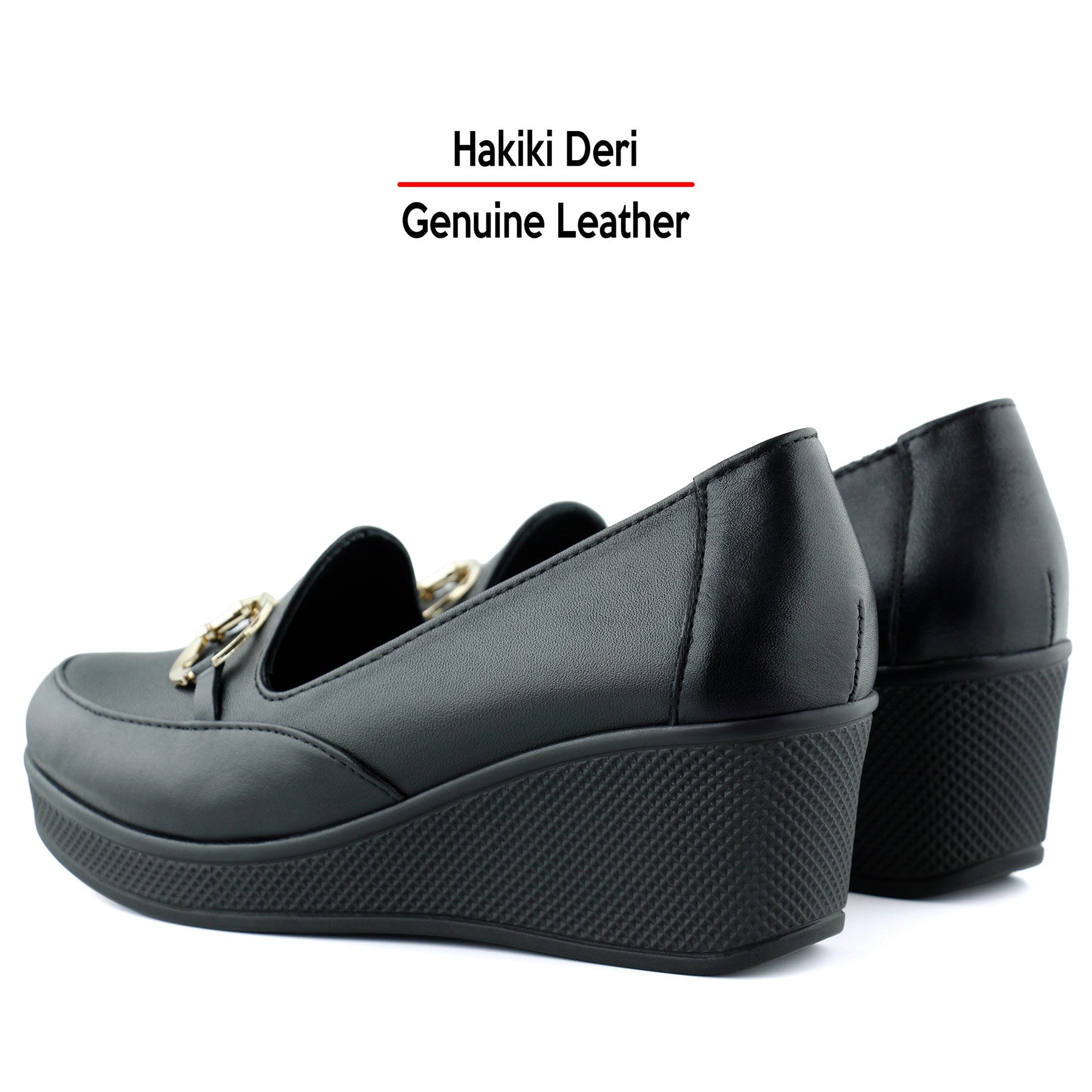 Hayley Siyah Hakiki Deri Tokalı Yuvarlak Burun Dolgu Topuklu Günlük Ayakkabı