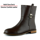 [MAX 423] Kahverengi Hakiki Dana Derisi Tokalı Fermuarlı Yuvarlak Burun Kalın Topuklu Günlük Bot