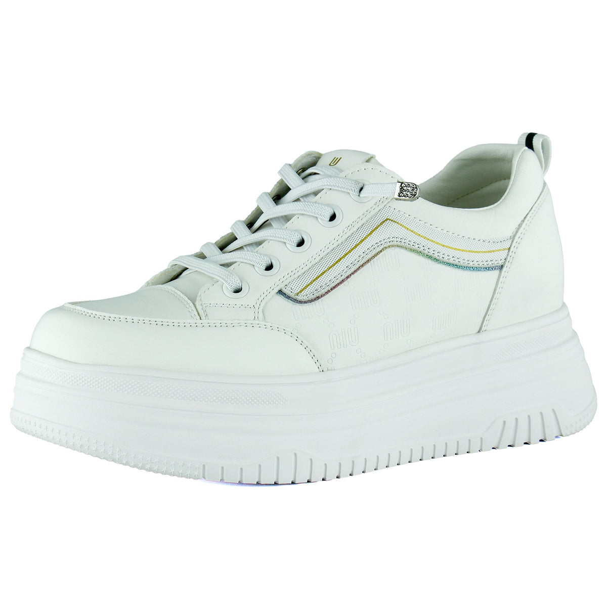 [8000] Beyaz Vegan Yuvarlak Burun Lastik Bağcıklı Flatform Taban Günlük Sneaker Spor Ayakkabı