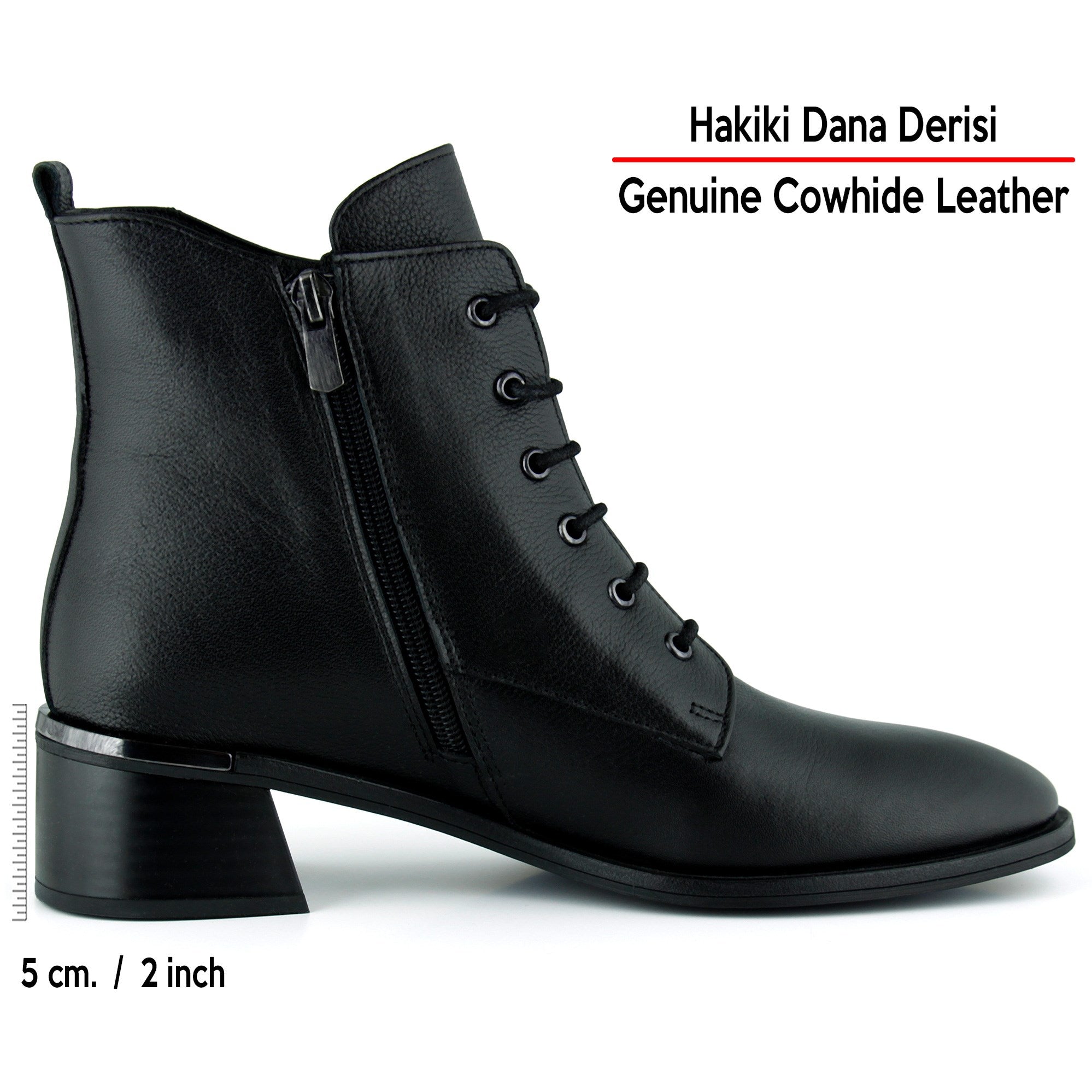 [MAX 505] Siyah Hakiki Dana Derisi Bağcıklı Fermuarlı Yuvarlak Burun Kalın Topuklu Günlük Bot