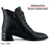 [MAX 505] Siyah Hakiki Dana Derisi Bağcıklı Fermuarlı Yuvarlak Burun Kalın Topuklu Günlük Bot