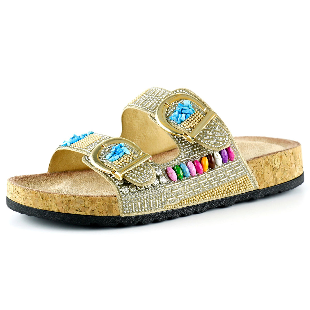 [7048] Bej Sabit Çift Bantlı Renkli Taşlı Boncuklu Mantar Taban Görünümlü Terlik