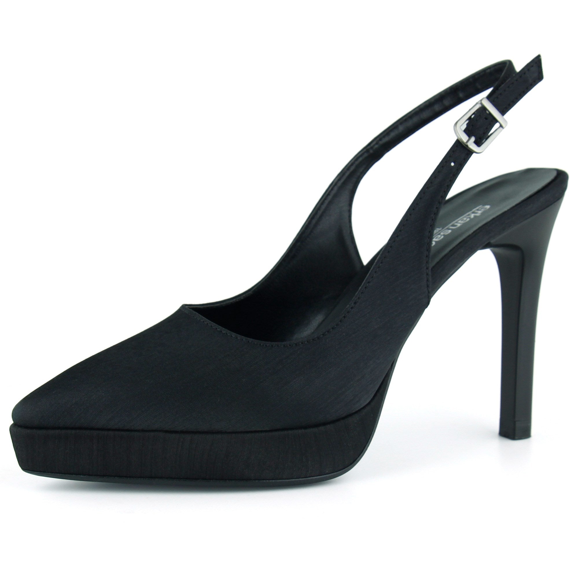 Scarlett Slingback Siyah Saten Sivri Burun Arkası Açık İnce Platform Topuklu Abiye Ayakkabı