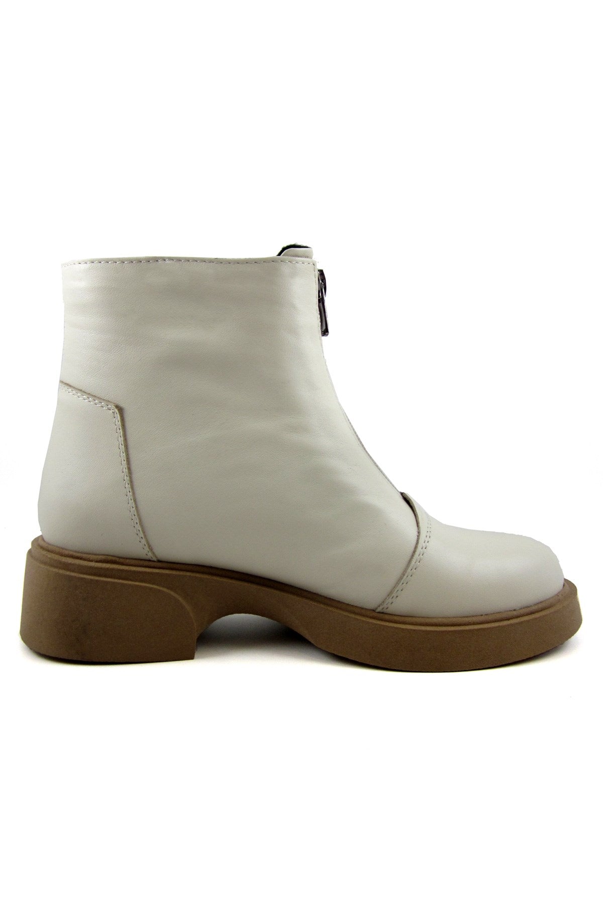 Zabrina Bej Hakiki Deri Fermuarlı Topuklu Bot