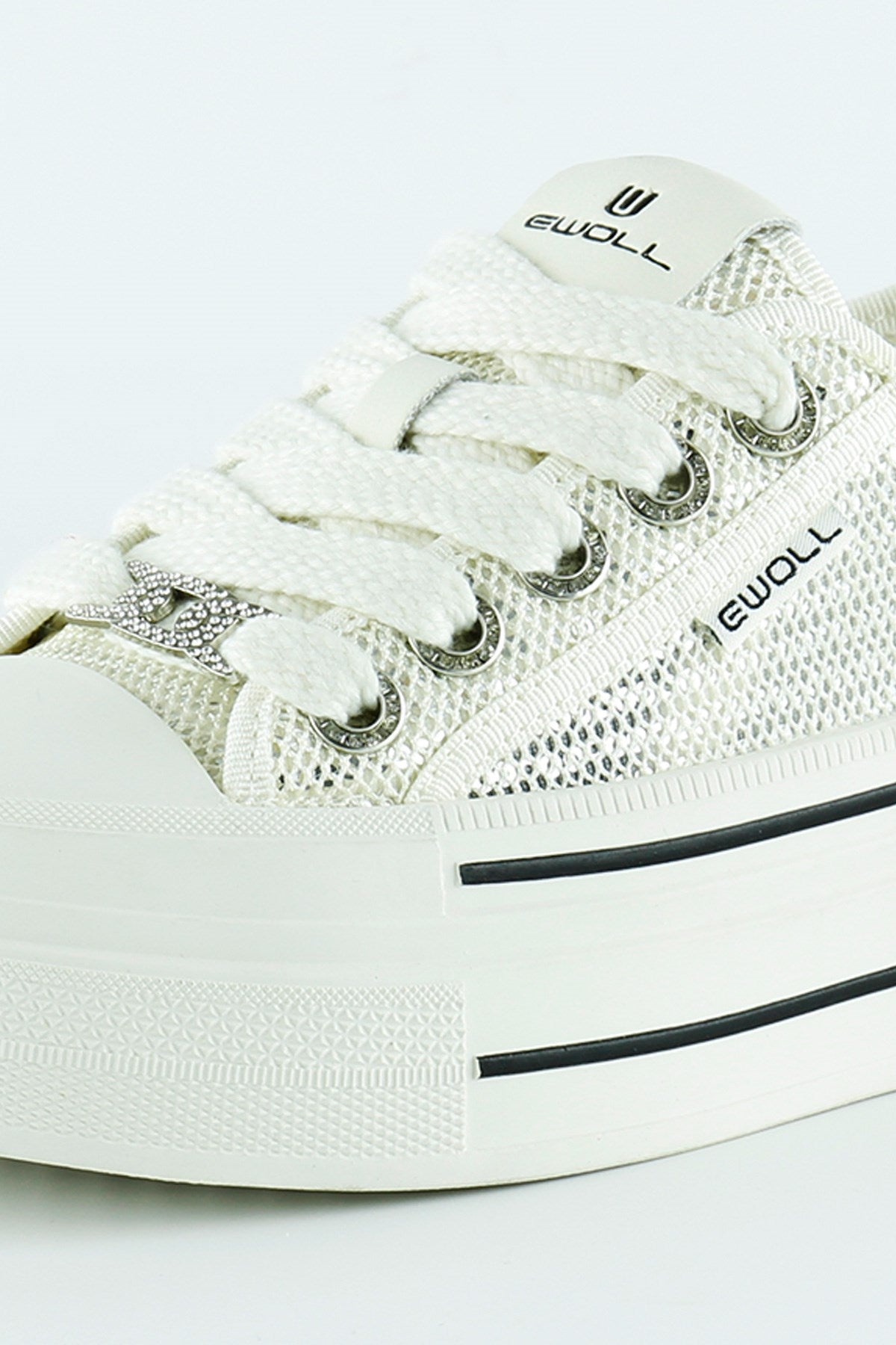 [5025] Beyaz Yüksek Taban Spor Fileli Taşlı Bağcıklı Platform Sneaker