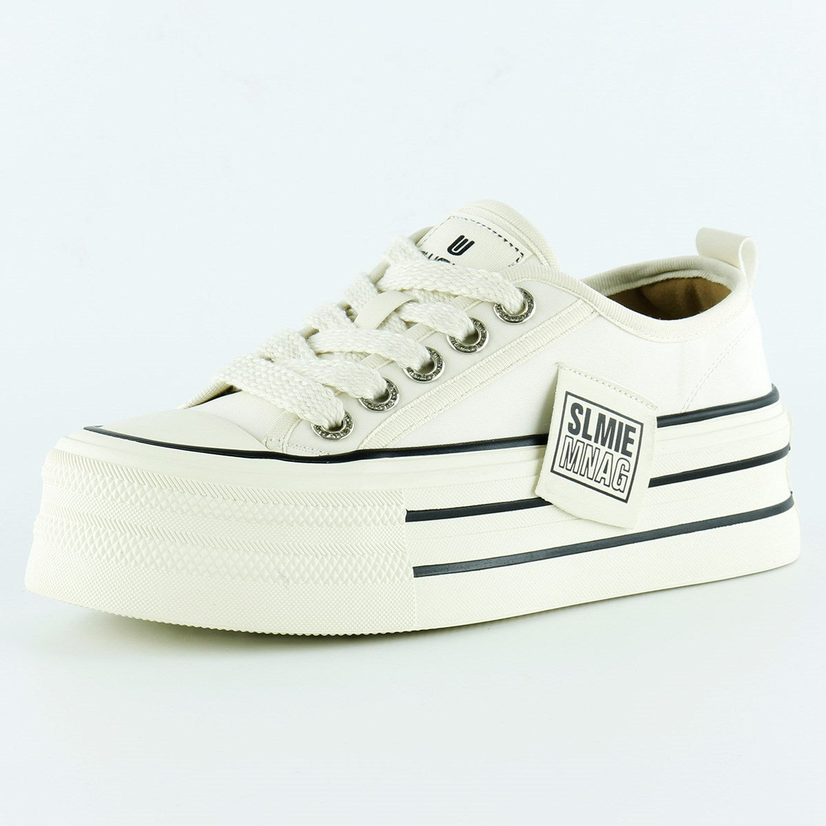 [5016] Bej Saten Yüksek Taban Spor Taşlı Bağcıklı Platform Sneaker