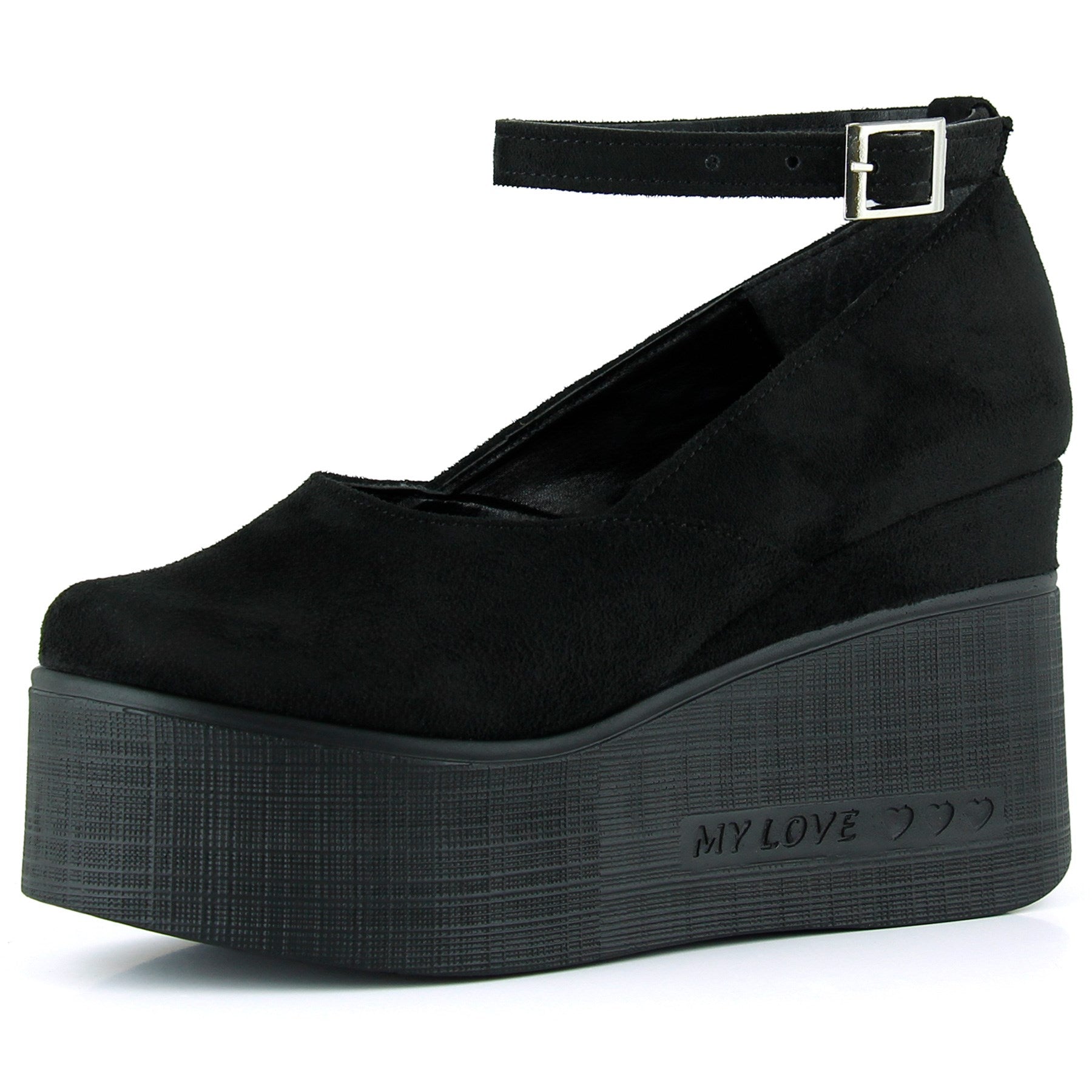 Tushar Siyah Süet Yuvarlak Burun Bantlı Gizli Dolgu Topuklu Günlük Ayakkabı