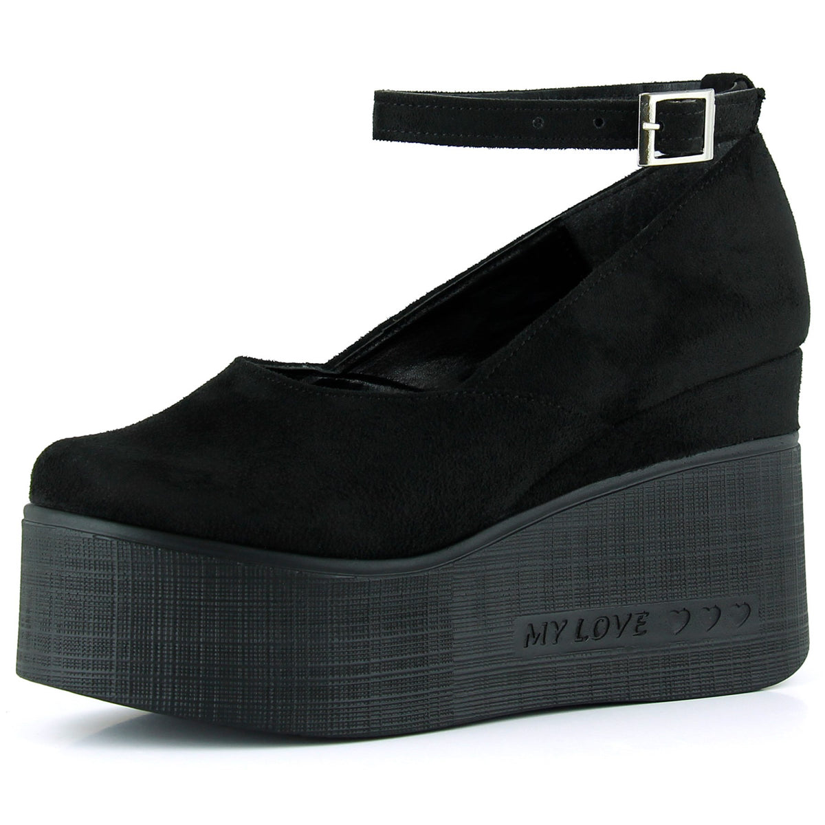 Tushar Siyah Süet Yuvarlak Burun Bantlı Gizli Dolgu Topuklu Günlük Ayakkabı