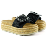 [7076] Siyah Sabit Tek Bant Kristal Taş Süslemeli Hasır Dokulu Dolgu Topuklu Terlik