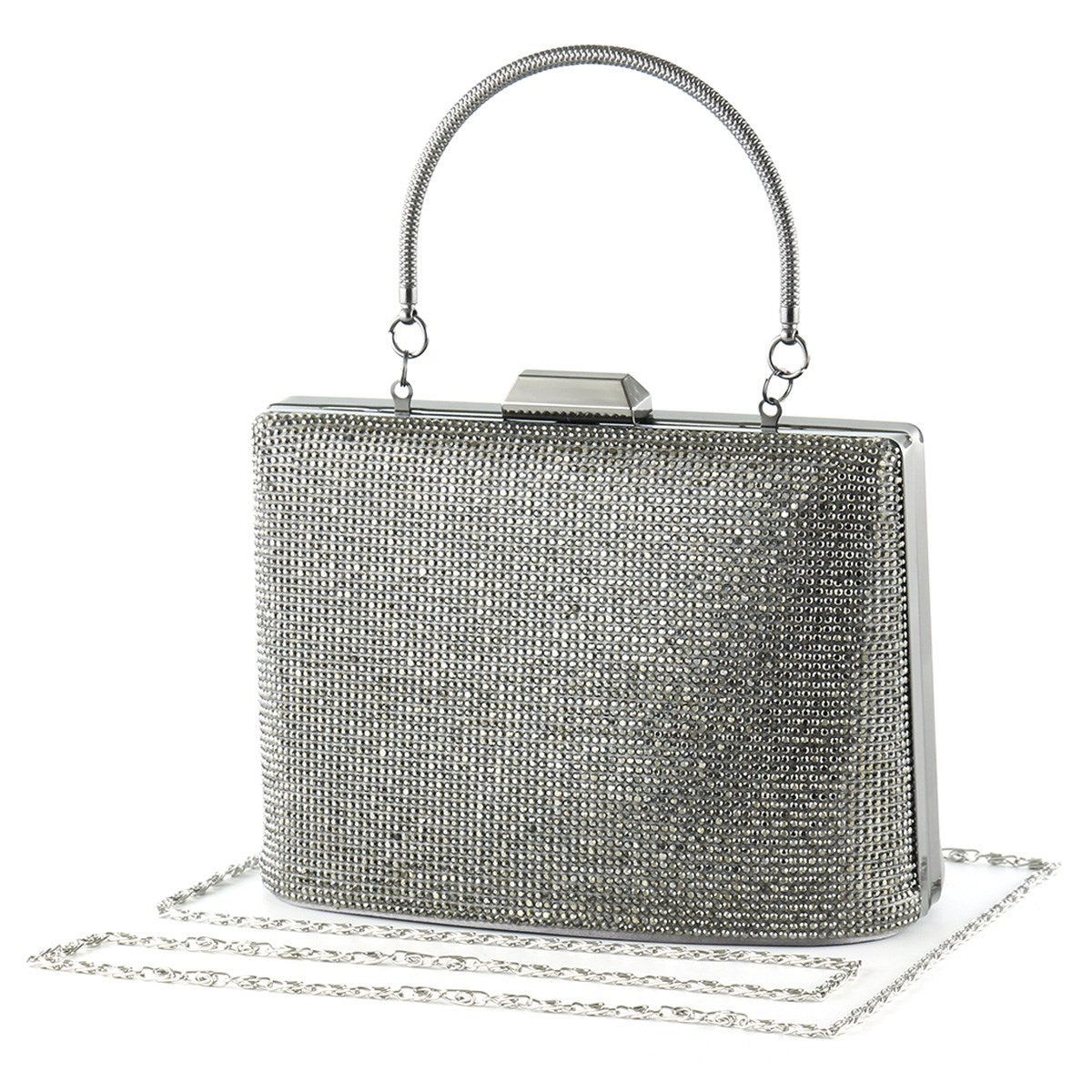 Antrasit Saten Kristal Taşlı Metal Saplı Zincir Askılı Abiye Çanta ( ES0011AC )