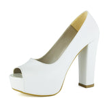 Carolina Beyaz Vegan Önü Açık Yuvarlak Burun Kalın Platform Topuklu Abiye Gelin Ayakkabısı