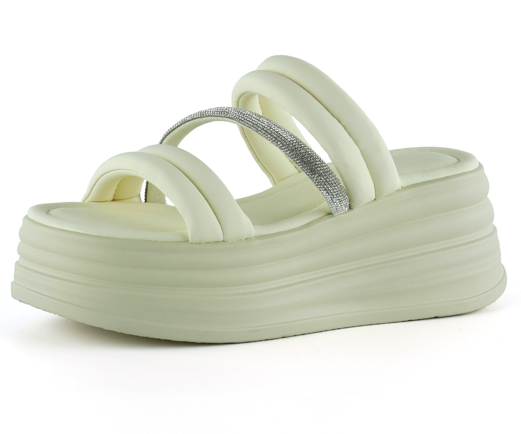 [7028] Bej Dolgu Taban Gümüş Taşlı Bantlı Platform Terlik