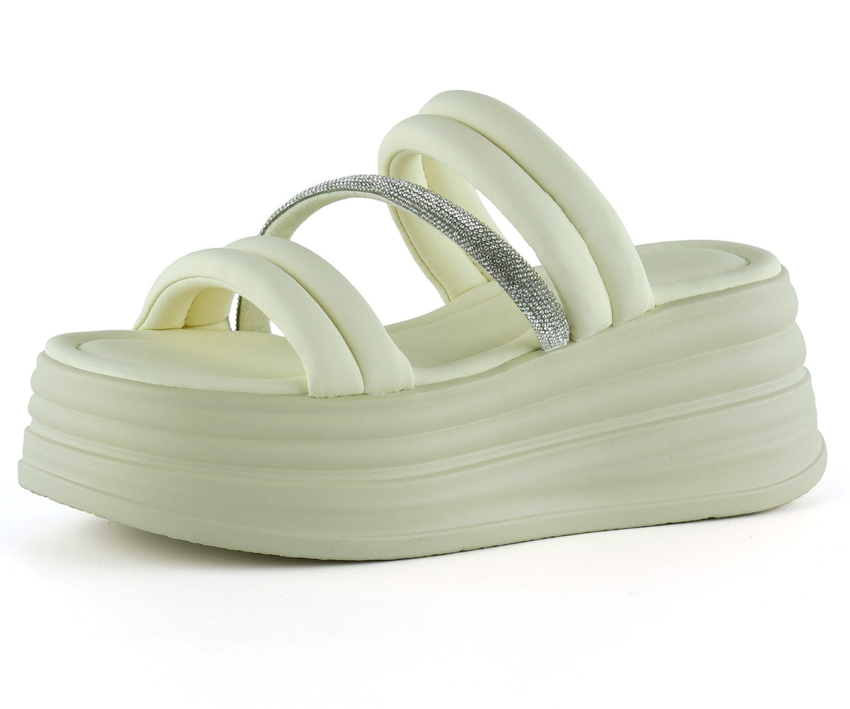 [7028] Bej Dolgu Taban Gümüş Taşlı Bantlı Platform Terlik