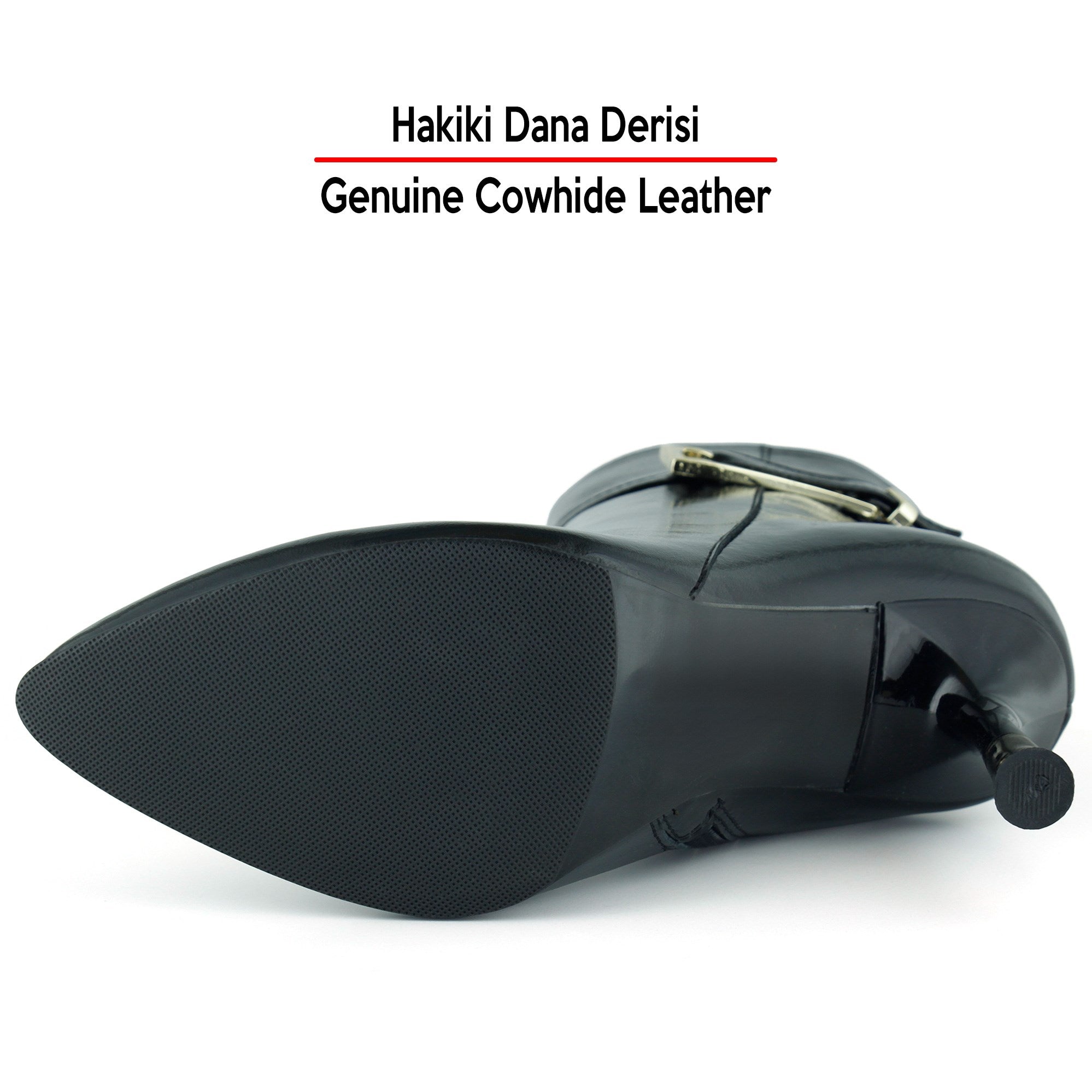 [MAX 1431] Siyah Rugan Hakiki Dana Derisi Tokalı Fermuarlı Sivri Burun İnce Topuklu Günlük Bot