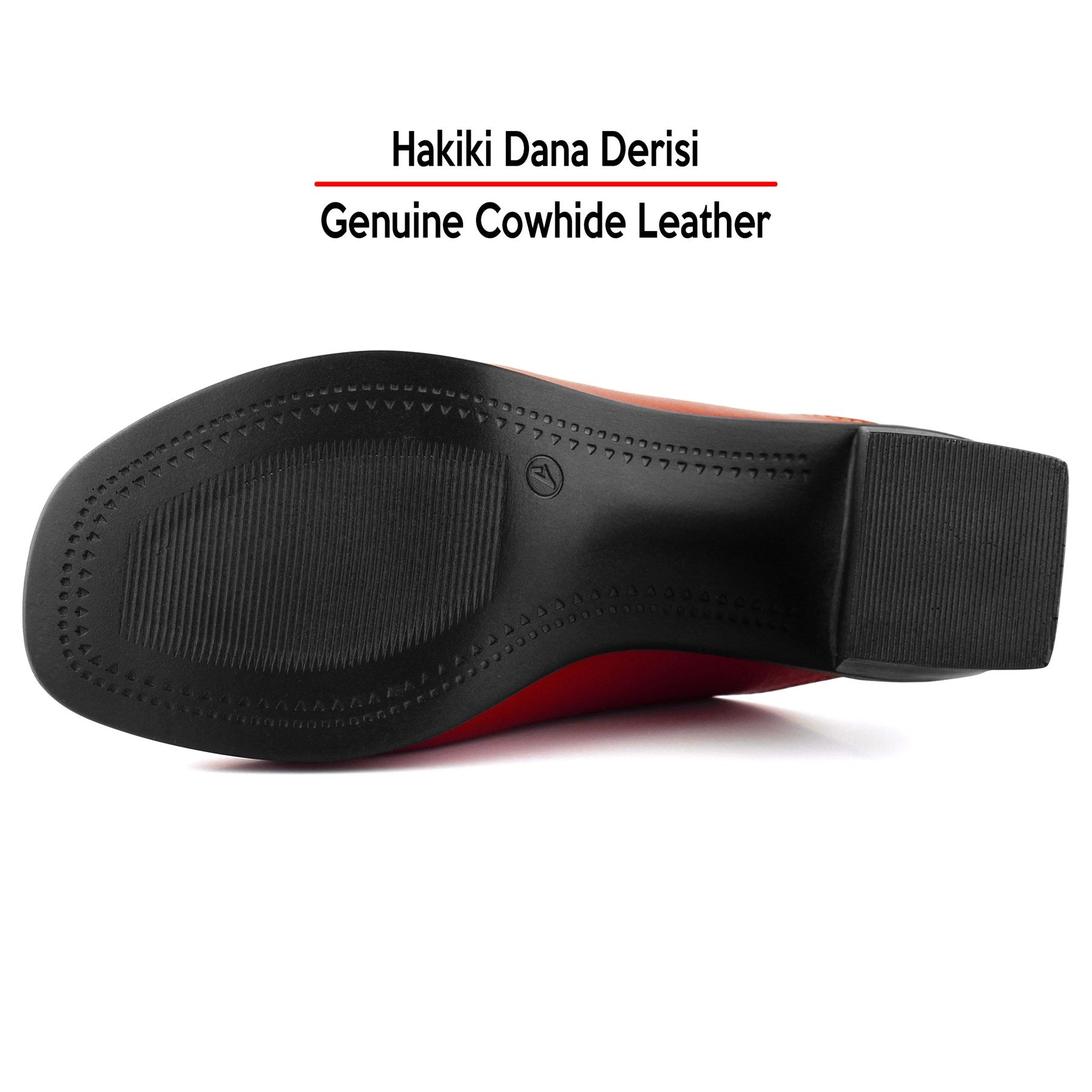 Valery Kırmızı Siyah Hakiki Dana Derisi Önü Açık Kalın Topuklu Terlik