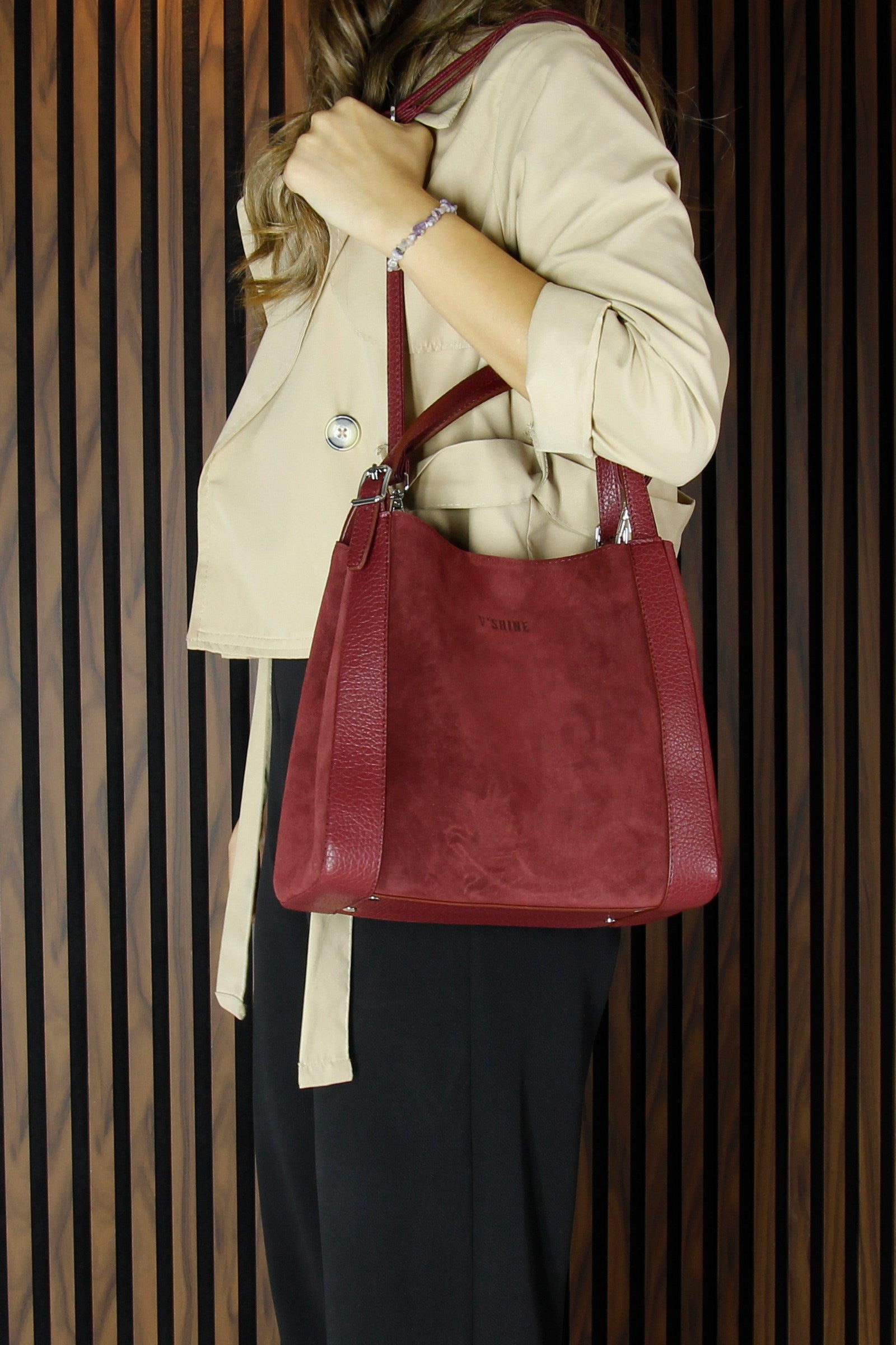 (VSN5012OC) Bordo Hakiki Dana Süet Manyetik Kapaklı Büyük Boy Günlük Omuz Çantası ve Askılı El Çantası