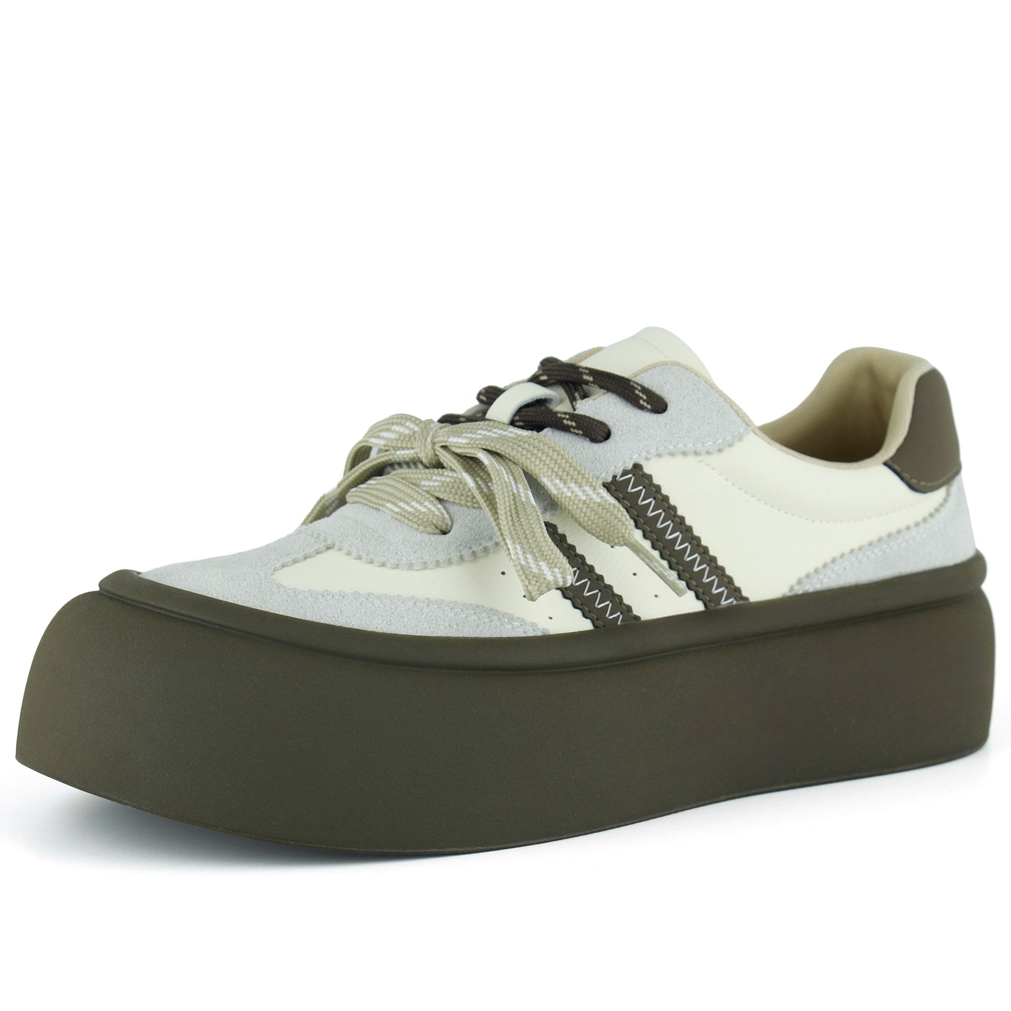 [261-BDL2000] Gri Kahve Vegan Çift Bağcıklı Yuvarlak Burun Flatform Taban Günlük Sneaker Spor Ayakkabı