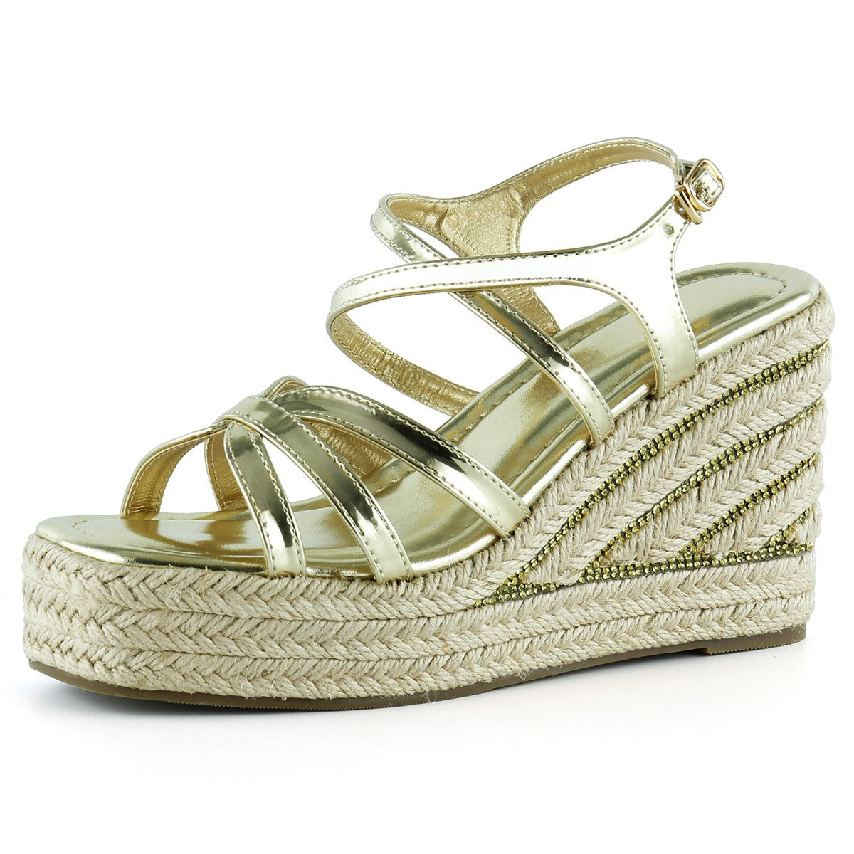 [7002] Altın Rugan Çapraz Bantlı Taşlı Zikzak Örgü Jüt Platform Topuklu Sandalet