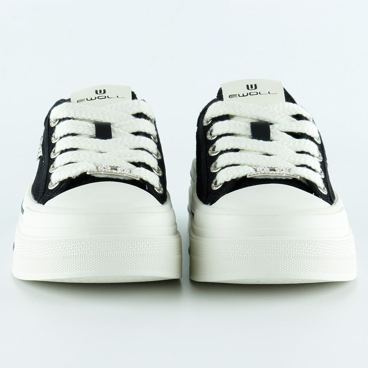 [5025] Siyah Beyaz Yüksek Taban Spor Fileli Taşlı Bağcıklı Platform Sneaker