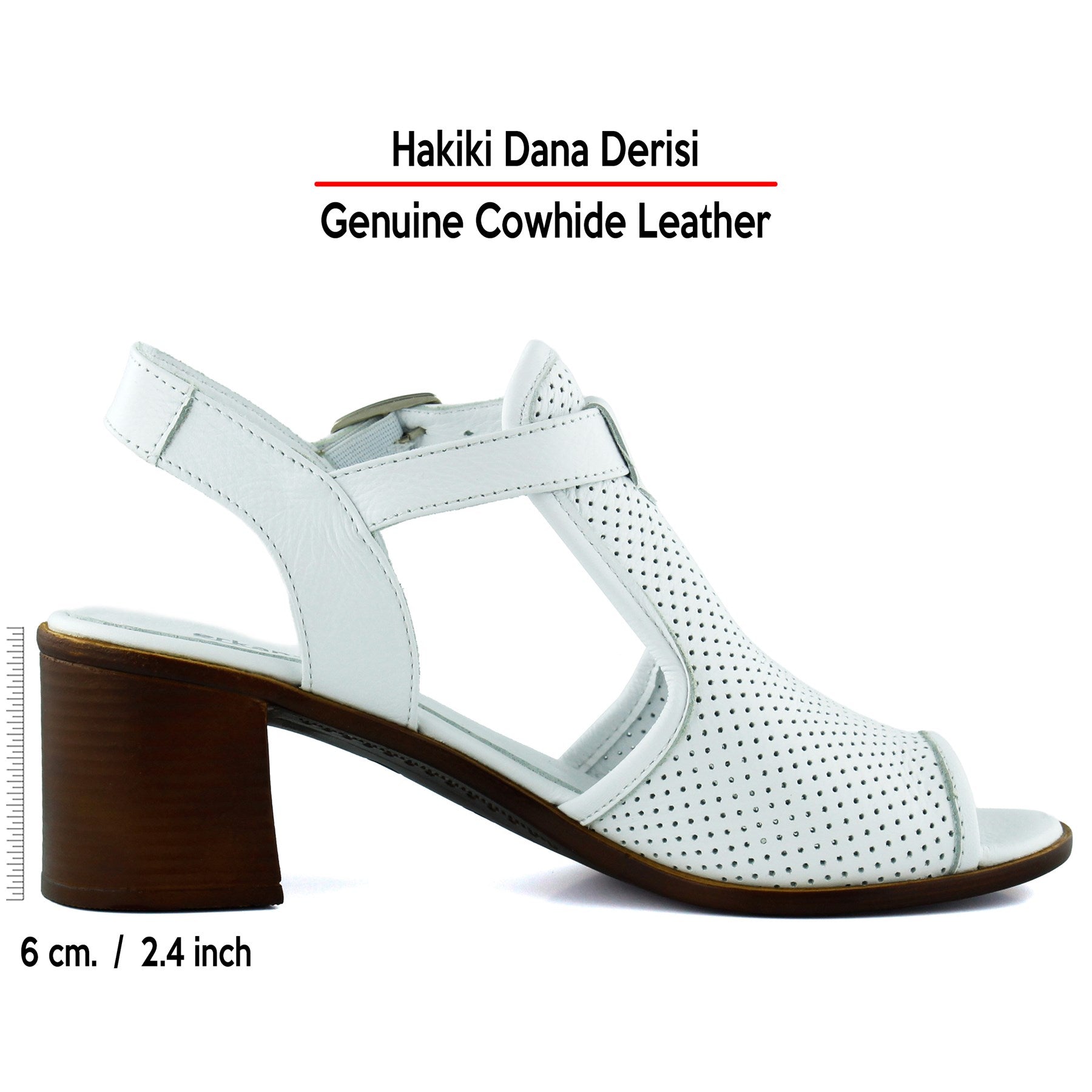 Elena Beyaz Hakiki Dana Derisi Önü Arkası Açık Delik Detaylı Kalın Topuklu Rahat Günlük Sandalet