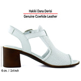 Elena Beyaz Hakiki Dana Derisi Önü Arkası Açık Delik Detaylı Kalın Topuklu Rahat Günlük Sandalet