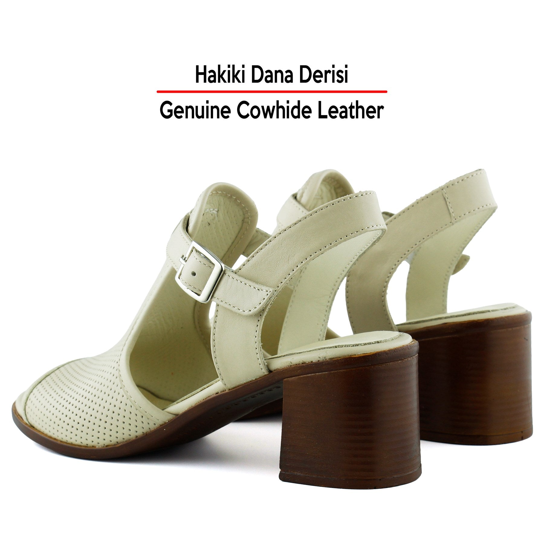 Elena Bej Hakiki Dana Derisi Önü Arkası Açık Delik Detaylı Kalın Topuklu Rahat Günlük Sandalet