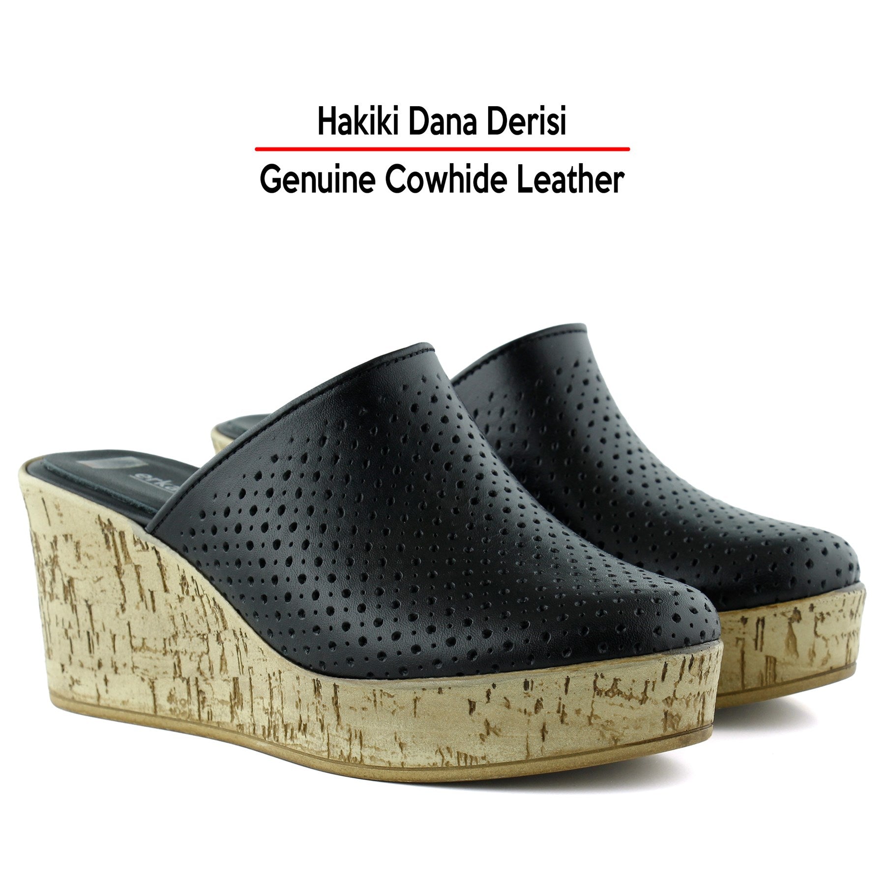 Aria Siyah Hakiki Dana Derisi Önü Kapalı Mantar Taban Görünümlü Dolgu Topuklu Terlik