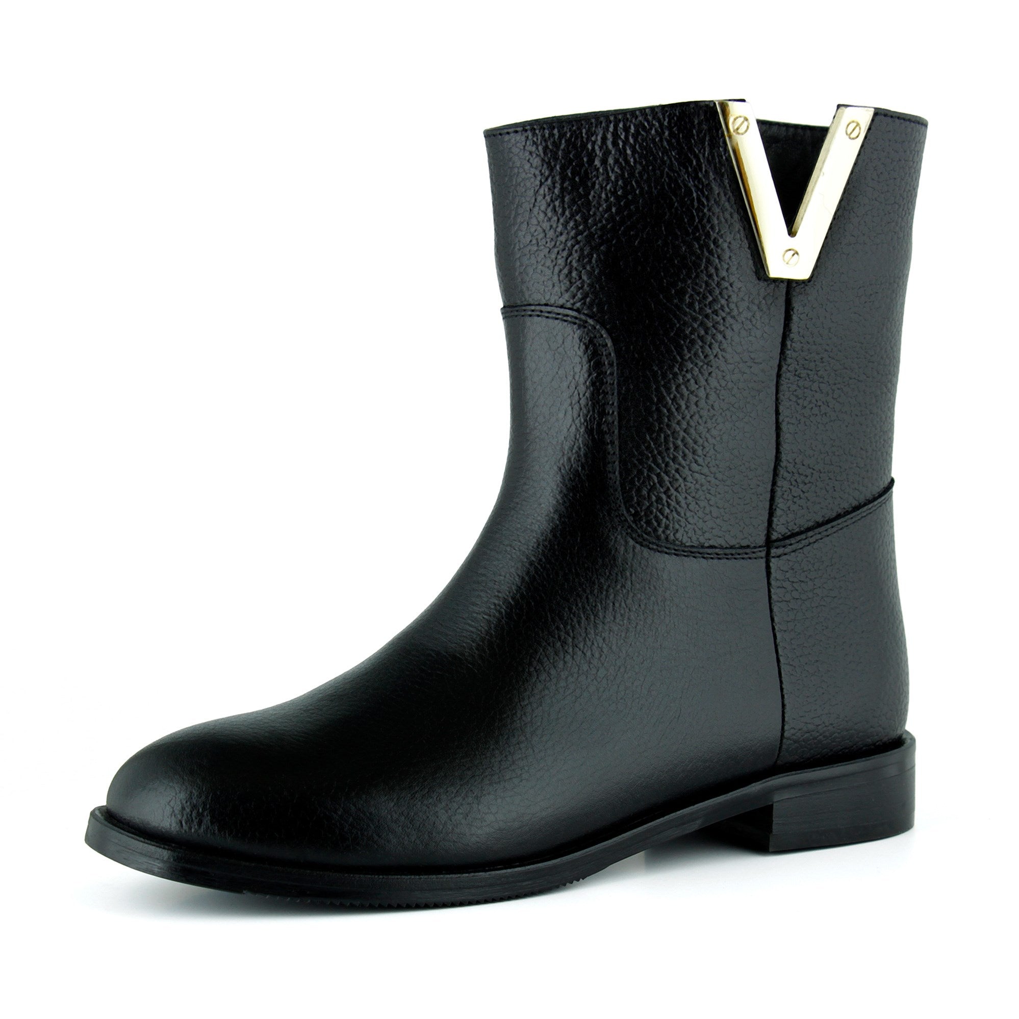 [MAX 426] Siyah Hakiki Dana Derisi Metal Detaylı Fermuarlı Yuvarlak Burun Kalın Topuklu Günlük Bot