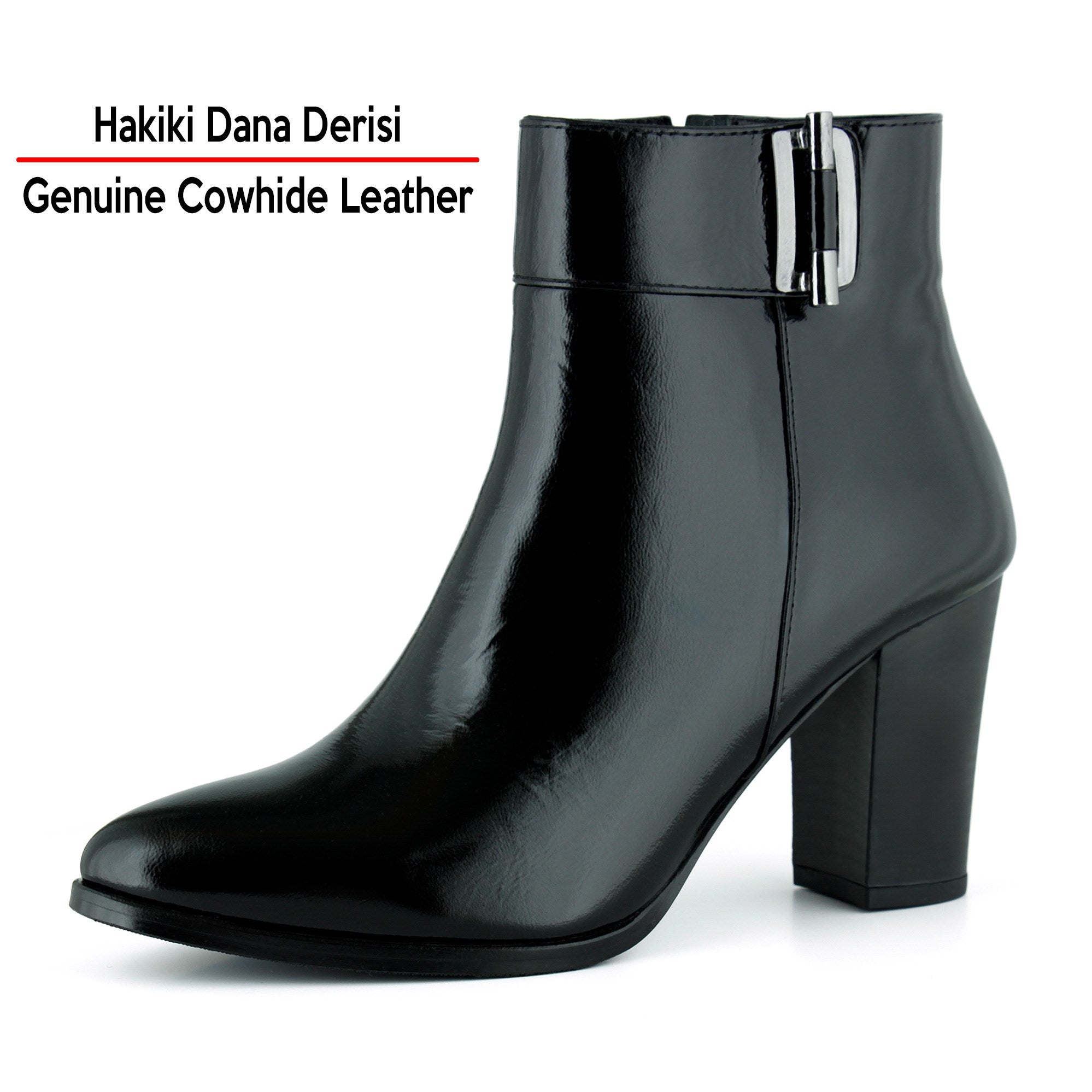 [MAX 150] Siyah Rugan Hakiki Dana Derisi Tokalı Fermuarlı Sivri Burun Kalın Topuklu Günlük Bot