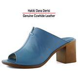 Valery Mavi Hakiki Dana Derisi Önü Açık Kalın Topuklu Terlik
