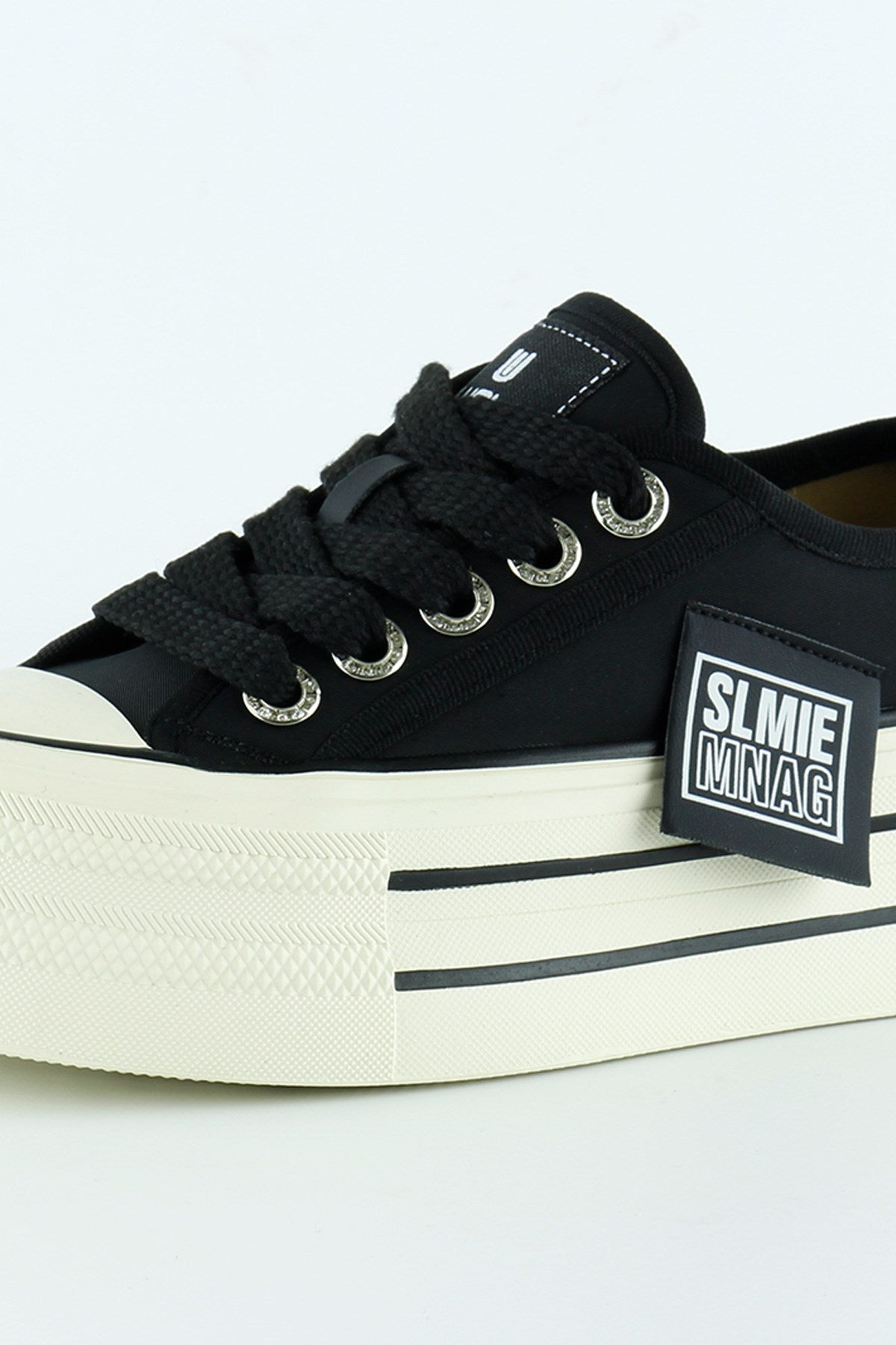 [5016] Siyah Saten Yüksek Taban Spor Taşlı Bağcıklı Platform Sneaker