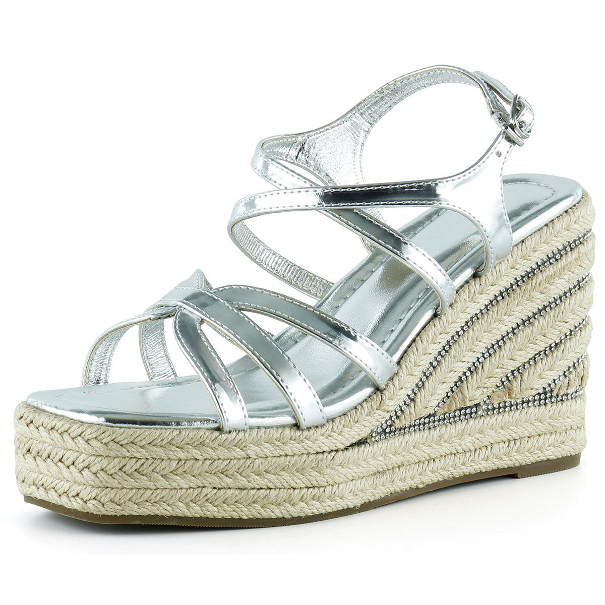 [7002] Gümüş Rugan Çapraz Bantlı Taşlı Zikzak Örgü Jüt Platform Topuklu Sandalet