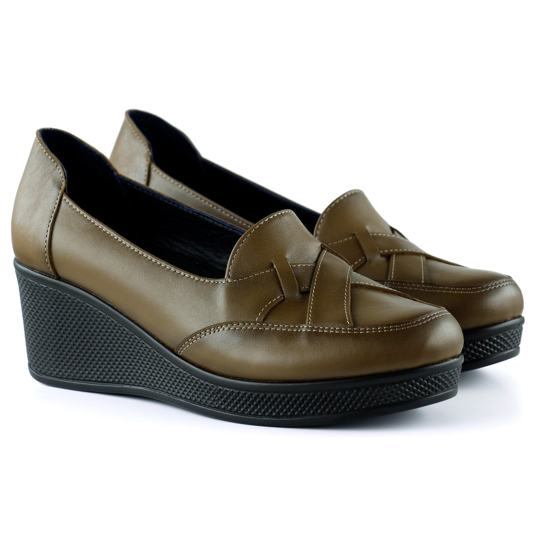 Shay Kahverengi Hakiki Deri Çapraz Bant Detaylı Dolgu Topuklu Günlük Ayakkabı