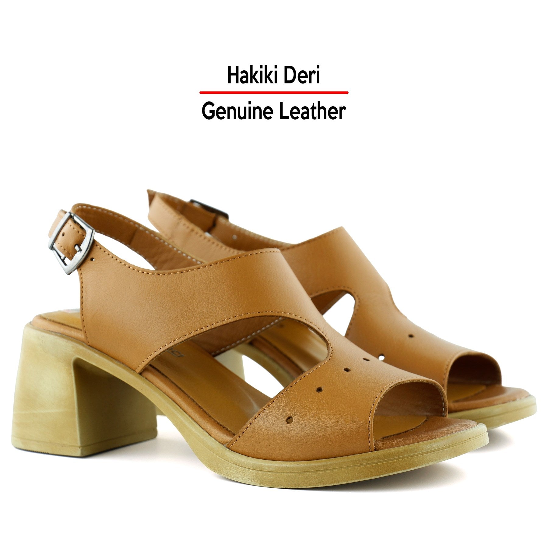 Ofelia Taba Hakiki Dana Derisi Delik Detaylı Tokalı Kalın Topuklu Rahat Günlük Sandalet