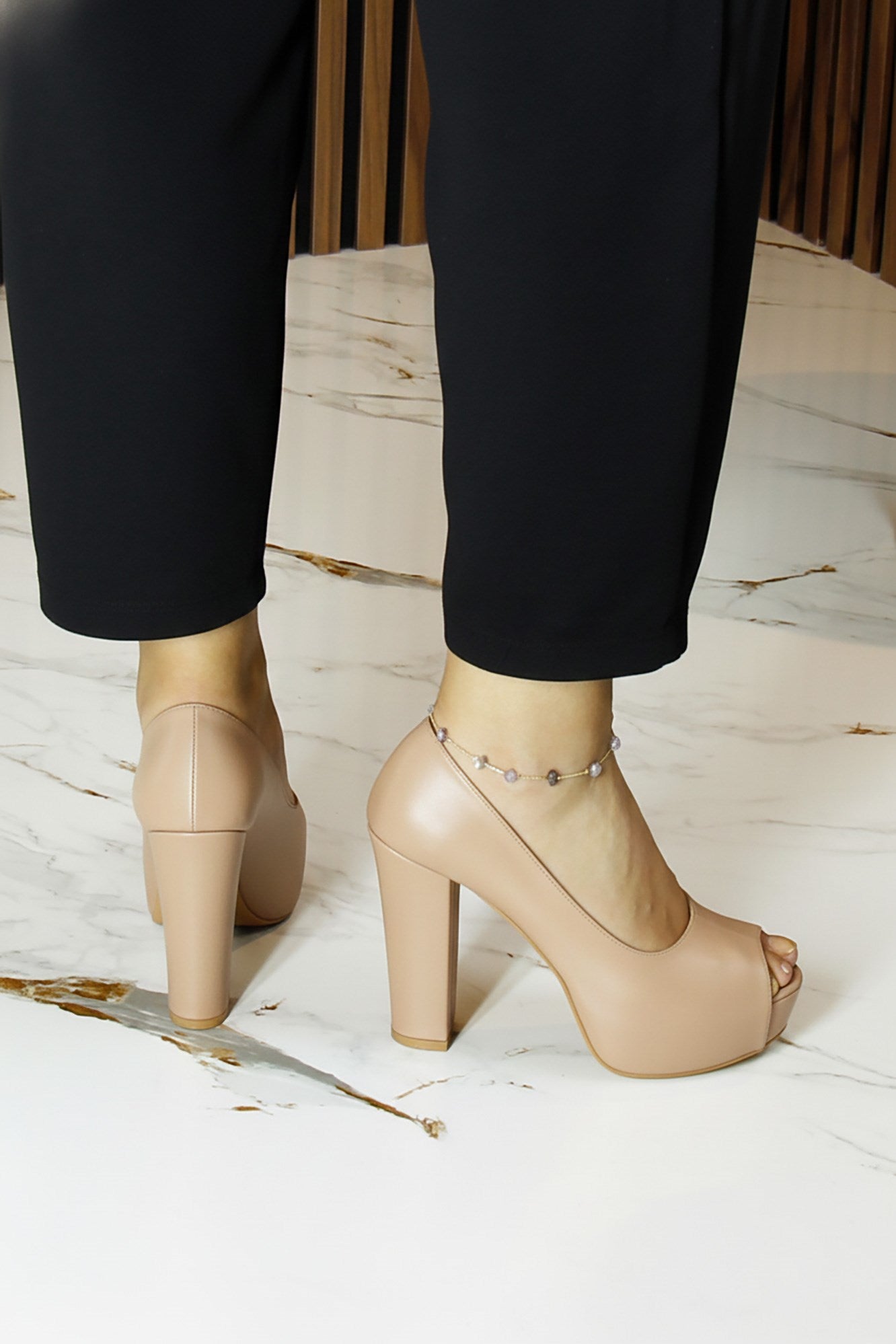 Carolina Ten Vegan Önü Açık Yuvarlak Burun Kalın Platform Topuklu Abiye Ayakkabı