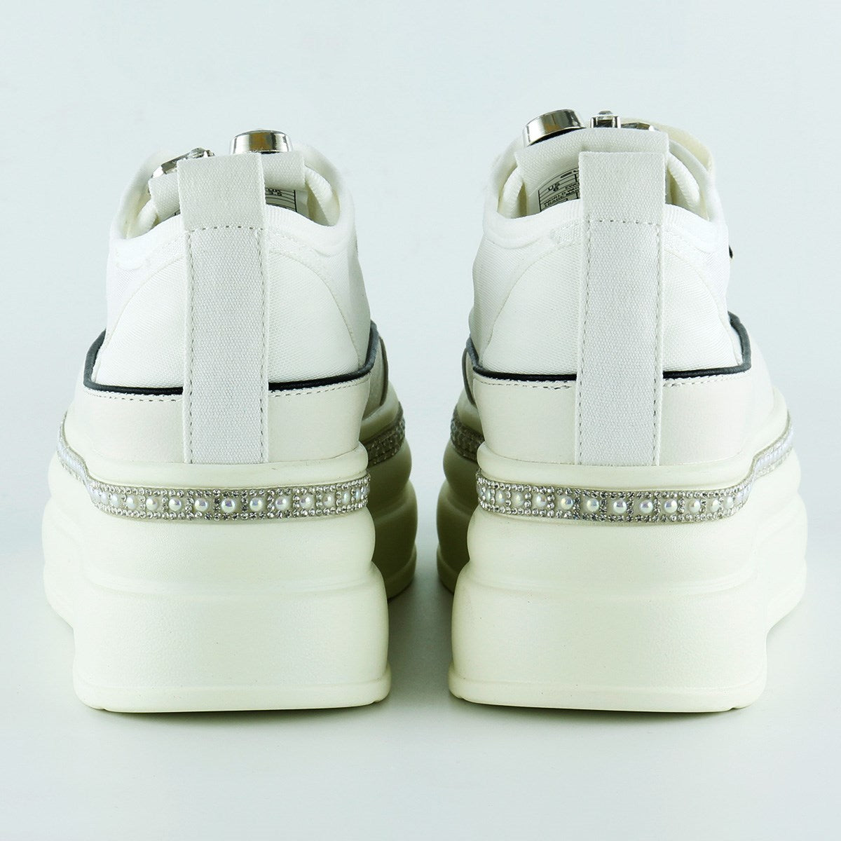 [5030] Beyaz Yüksek Taban Kristal Taşlı İnci Detaylı Bağcıklı Gelin Platform Sneaker