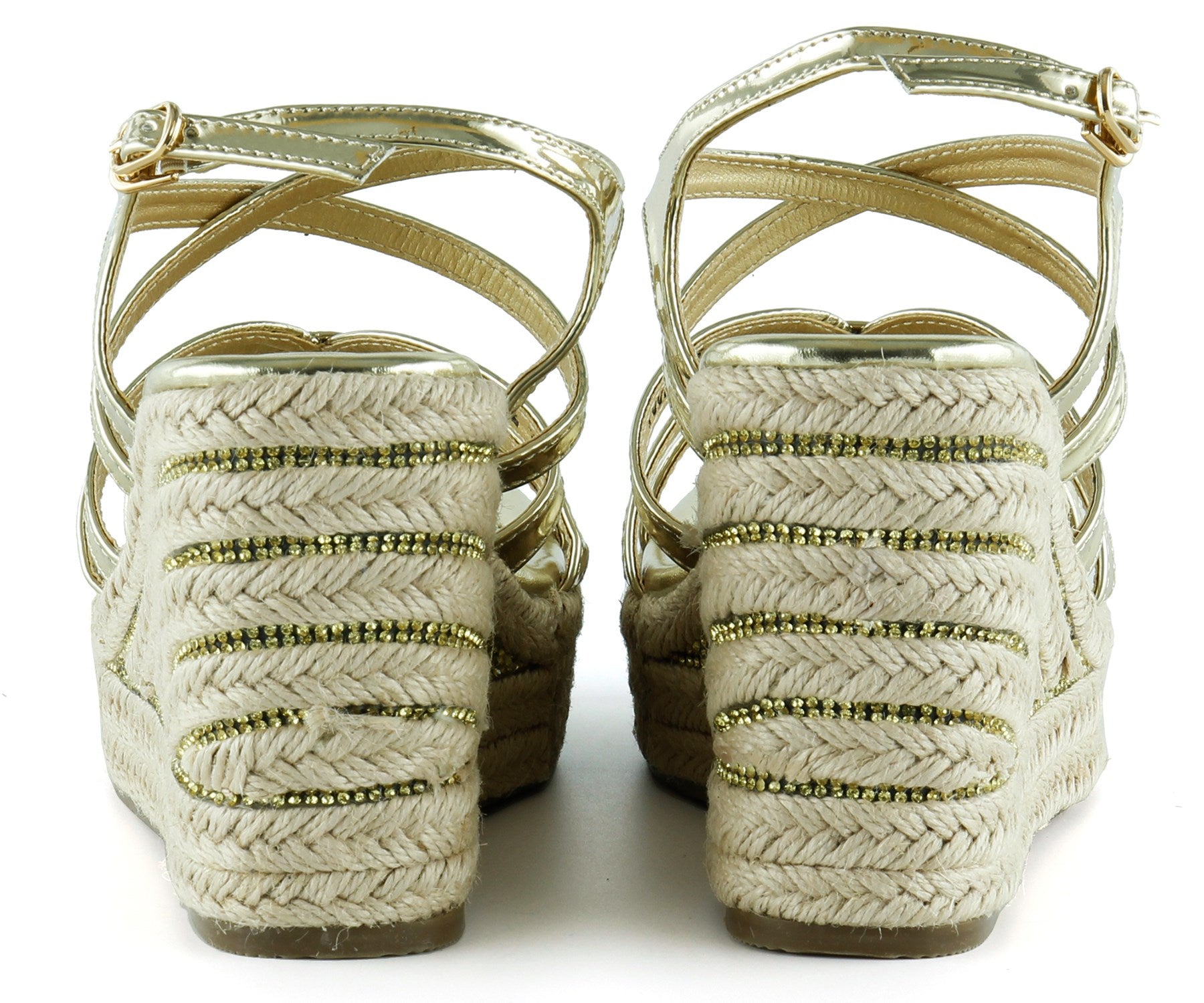 [7002] Altın Rugan Çapraz Bantlı Taşlı Zikzak Örgü Jüt Platform Topuklu Sandalet