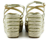 [7002] Altın Rugan Çapraz Bantlı Taşlı Zikzak Örgü Jüt Platform Topuklu Sandalet