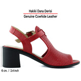 Elena Kırmızı Hakiki Dana Derisi Önü Arkası Açık Delik Detaylı Kalın Topuklu Rahat Günlük Sandalet