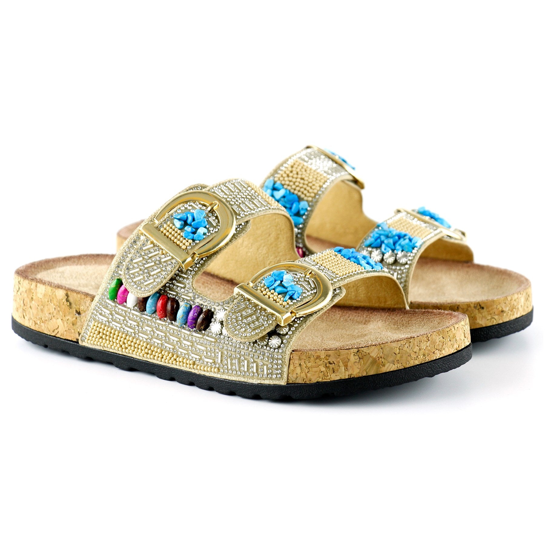 [7048] Bej Sabit Çift Bantlı Renkli Taşlı Boncuklu Mantar Taban Görünümlü Terlik