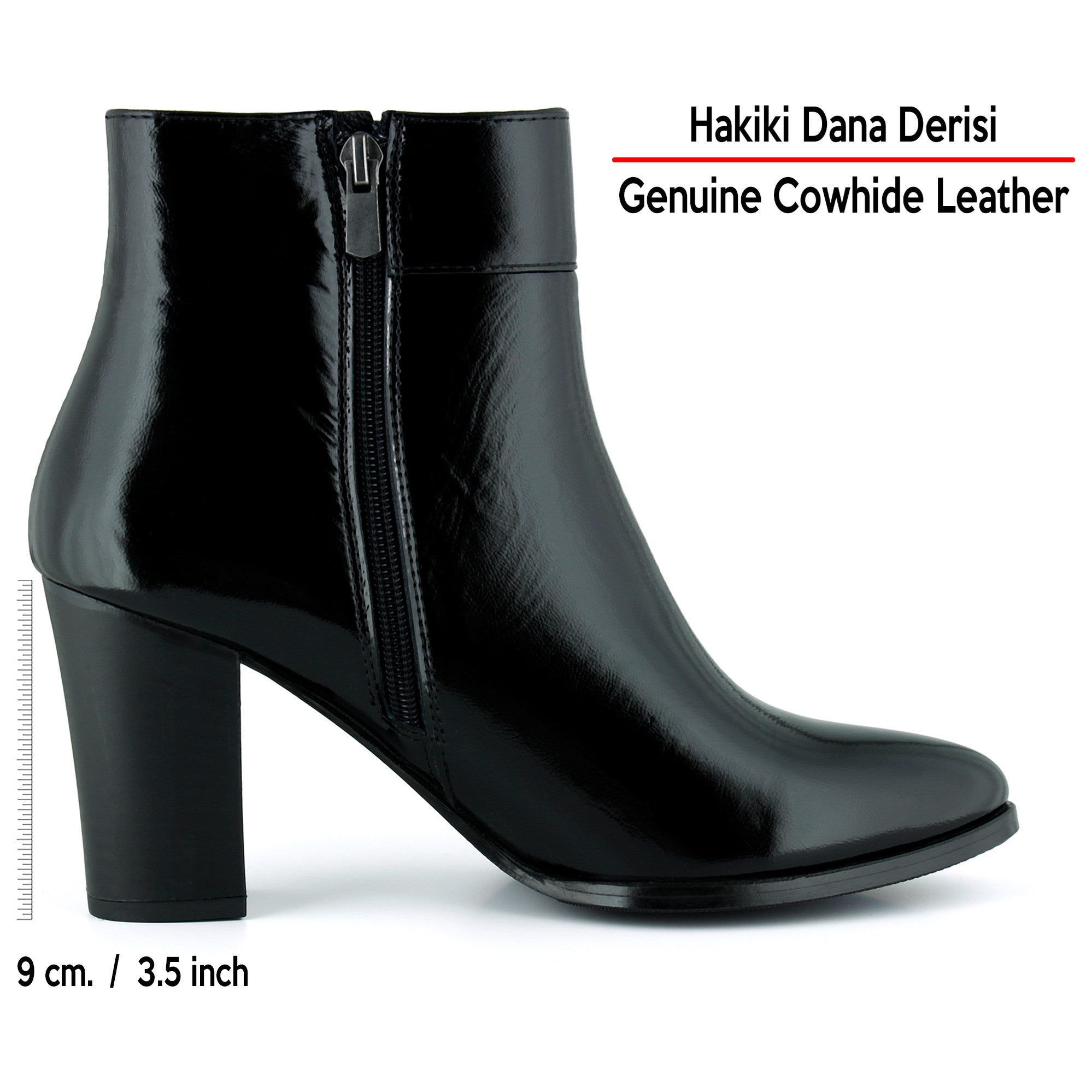 [MAX 150] Siyah Rugan Hakiki Dana Derisi Tokalı Fermuarlı Sivri Burun Kalın Topuklu Günlük Bot