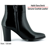 [MAX 150] Siyah Rugan Hakiki Dana Derisi Tokalı Fermuarlı Sivri Burun Kalın Topuklu Günlük Bot