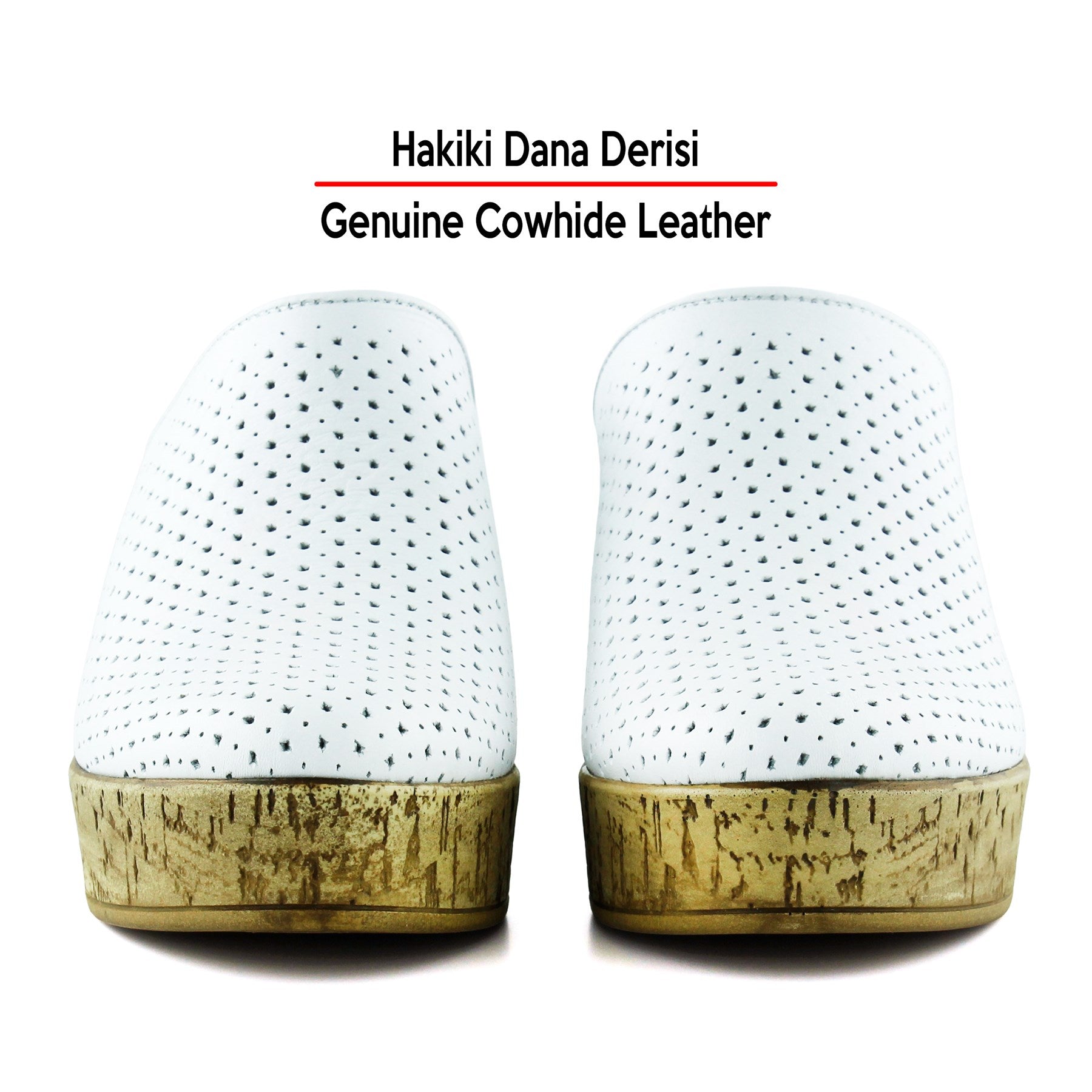 Aria Beyaz Hakiki Dana Derisi Önü Kapalı Mantar Taban Görünümlü Dolgu Topuklu Terlik