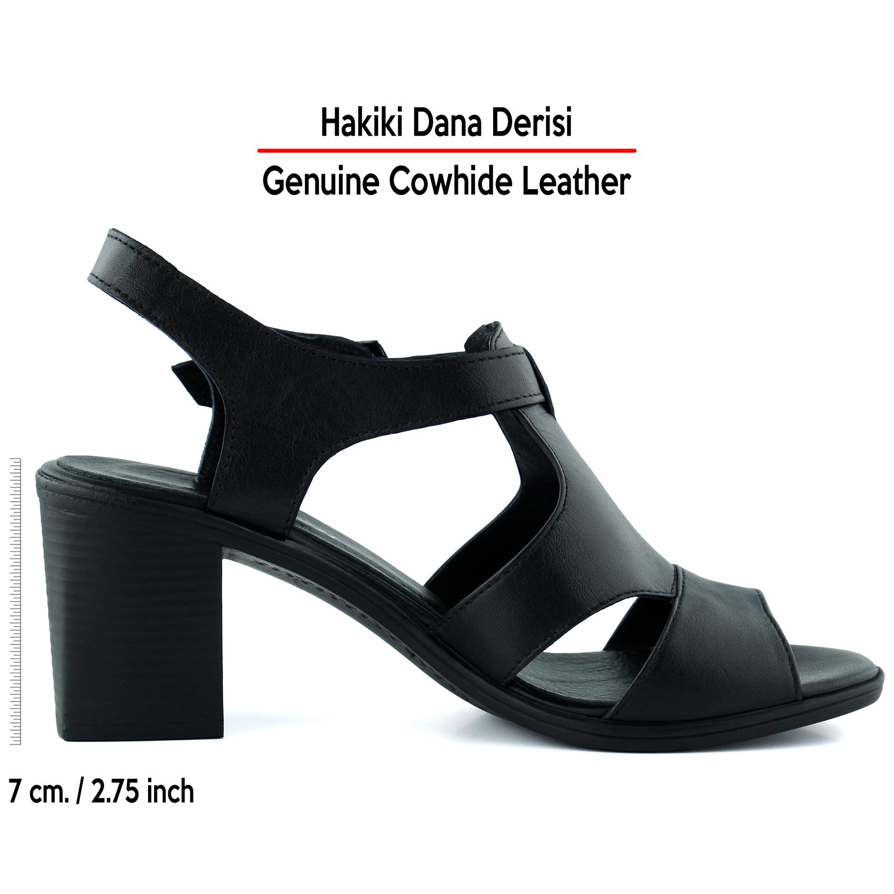 Svajone Siyah Hakiki Dana Derisi Kesik Detaylı Tokalı Kalın Topuklu Rahat Günlük Sandalet