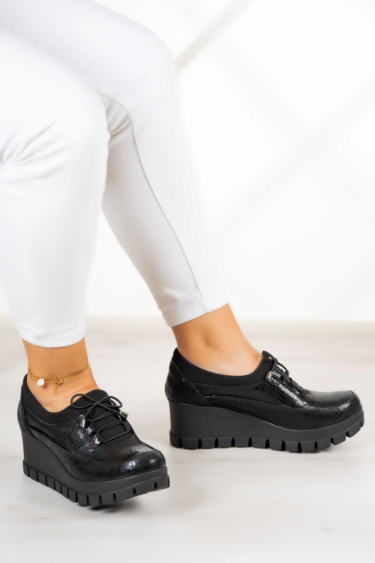 Olympia Siyah Yılan Hakiki Deri Dolgu Topuklu Günlük Ayakkabı